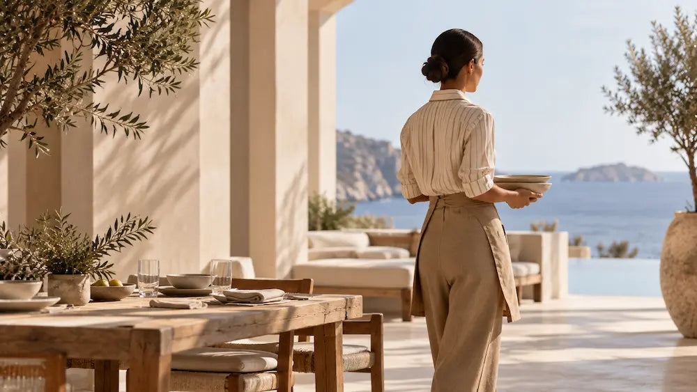 Luxury hospitality uniform in camel linen and striped cotton at a Mediterranean-style resort